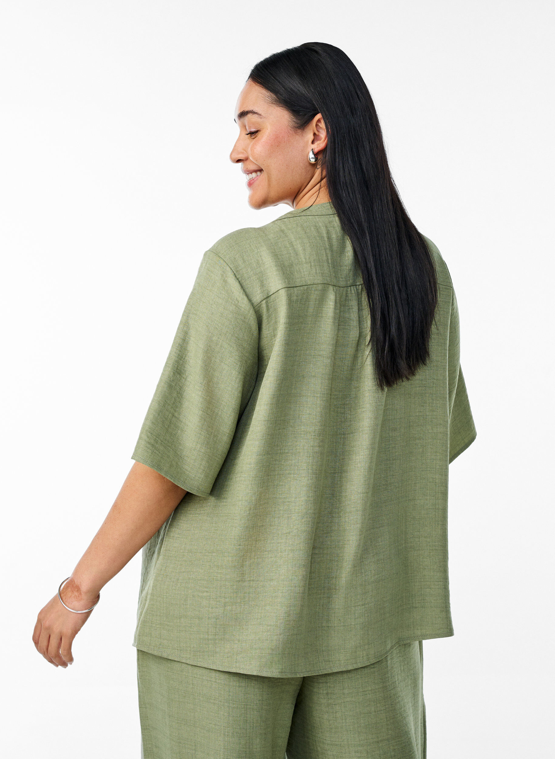 ZizziOverhemd blouse met V-hals en korte mouwen, Groen, Model image number 2