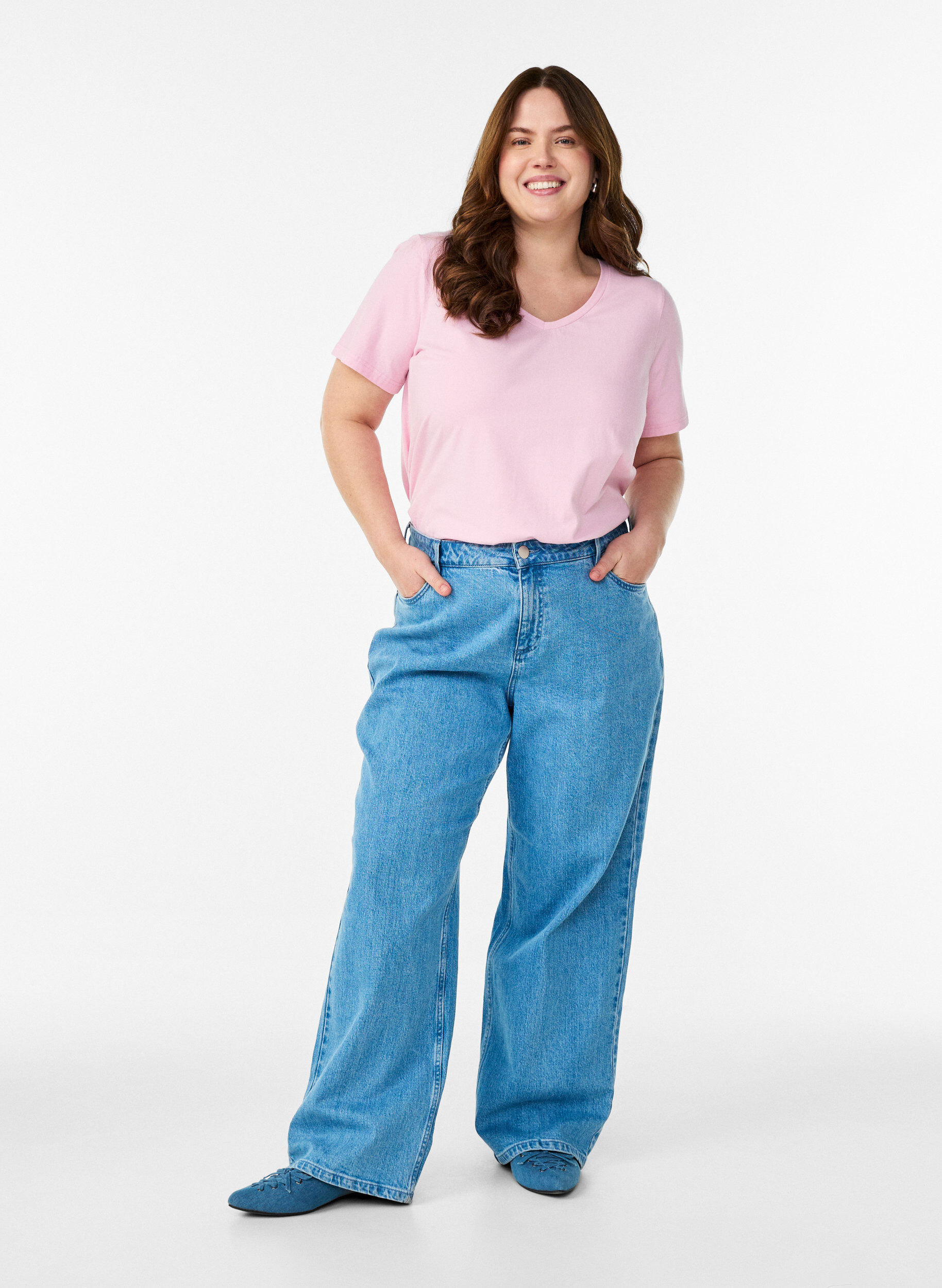 Zizzi T-shirt en coton uni basique, Rose, Model image number 1