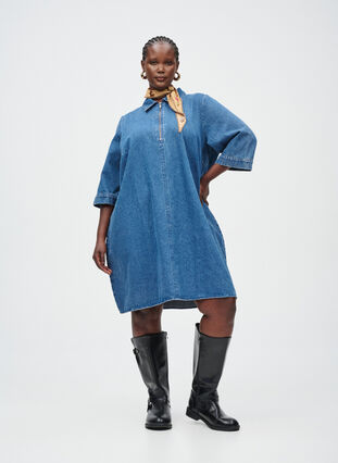 ZizziKorte denimjurk met ritssluiting en 3/4 mouwen, Blue Denim, Image image number 0