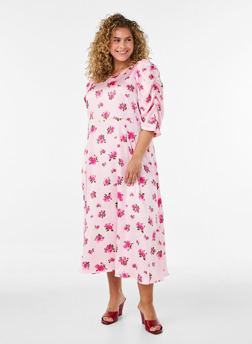 Midi-jurk met bloemen en pofmouwen, Roze, Model