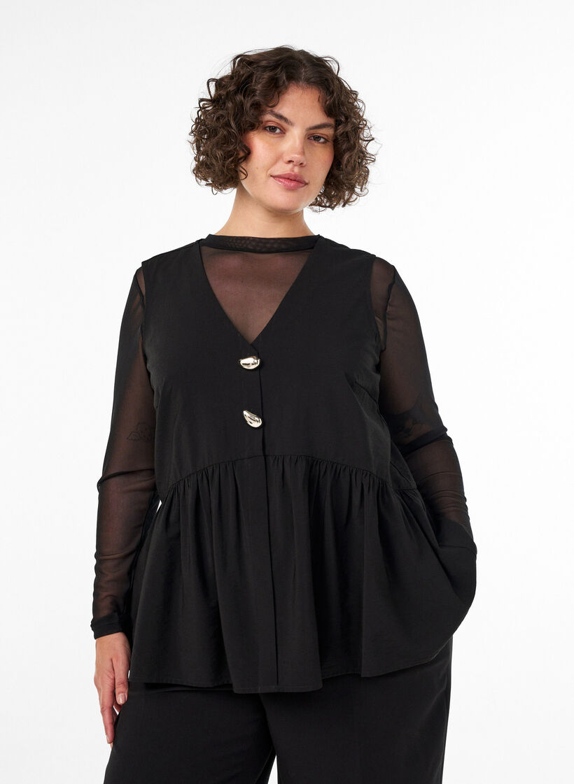 Mouwloze peplumblouse met decoratieve knopen, Zwart, Model image number 0