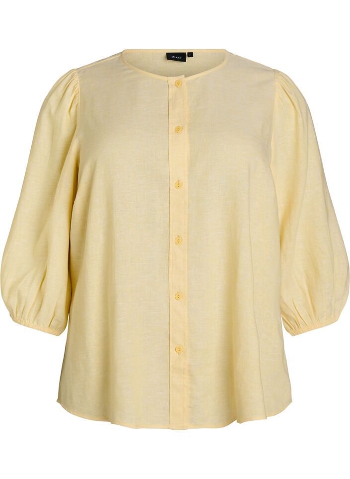 Shirtblouse in linnen en viscose met 3/4-mouwen, Geel, Packshot image number 0