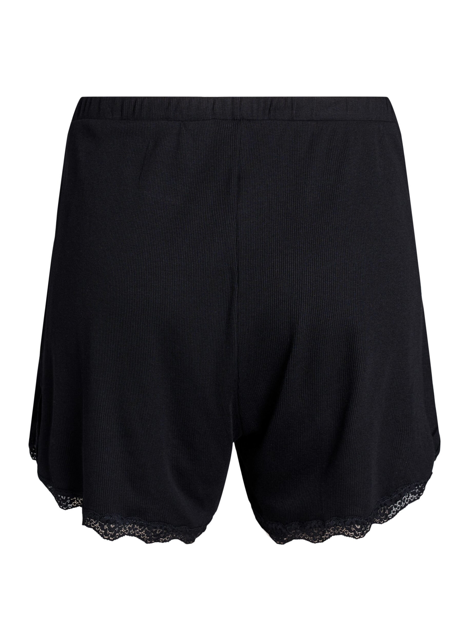 ZizziLichte nachtshorts met ribde structuur en kanten afwerking, Zwart, Packshot image number 1