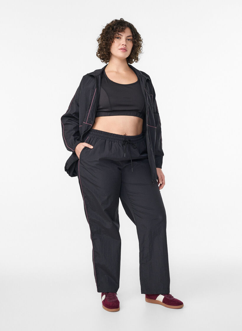 Lichtgewicht broek met contrasterende biezen en hoge taille, Zwart, Model image number 0