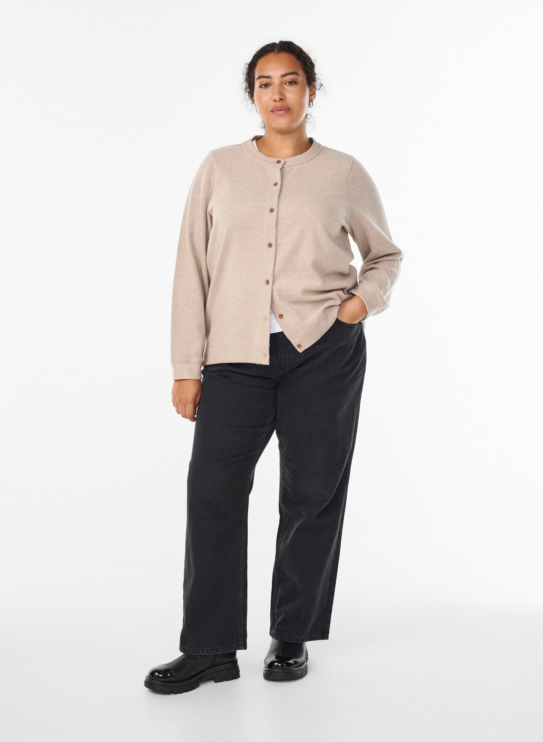 ZizziCardigan van jersey met ronde hals en knoopsluiting, Beige, Model image number 1