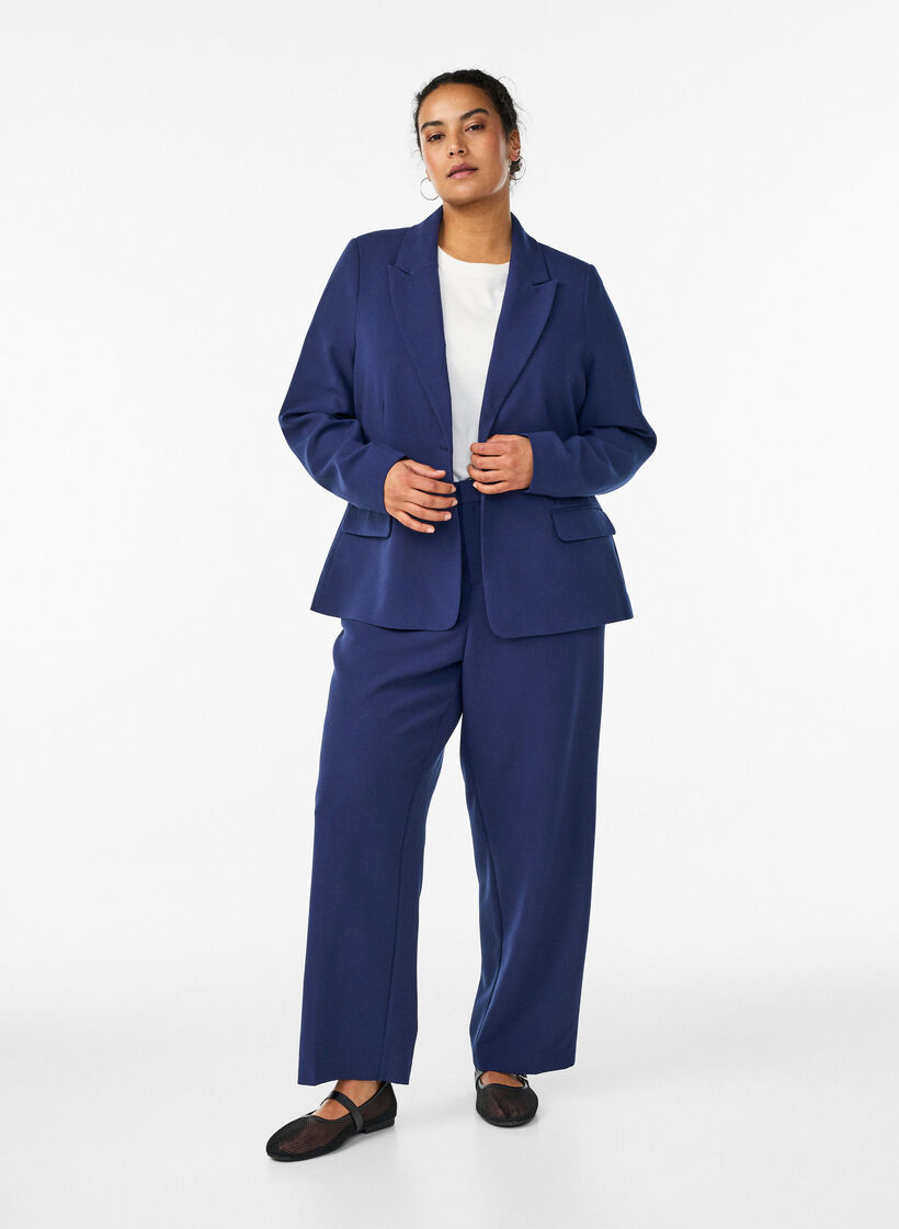 Pantalon de tailleur taille haute et coupe droite, Bleu, Model image number 0