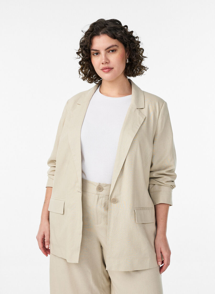 Blazer in linnen en viscose met revers en zakken, Beige, Model image number 0