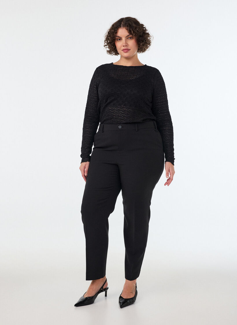 Getailleerde broek met hoge taille en persvouwen, Zwart, Model image number 0