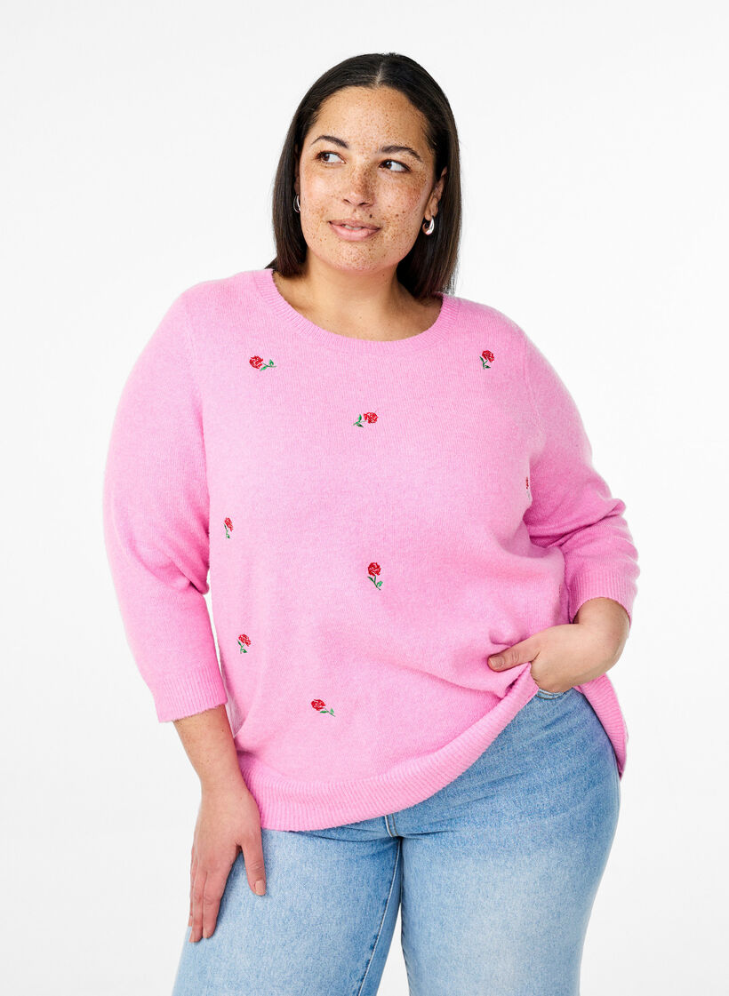 Gebreide blouse met bloemen en 3/4 mouwen, Begonia Pink Mel., Model