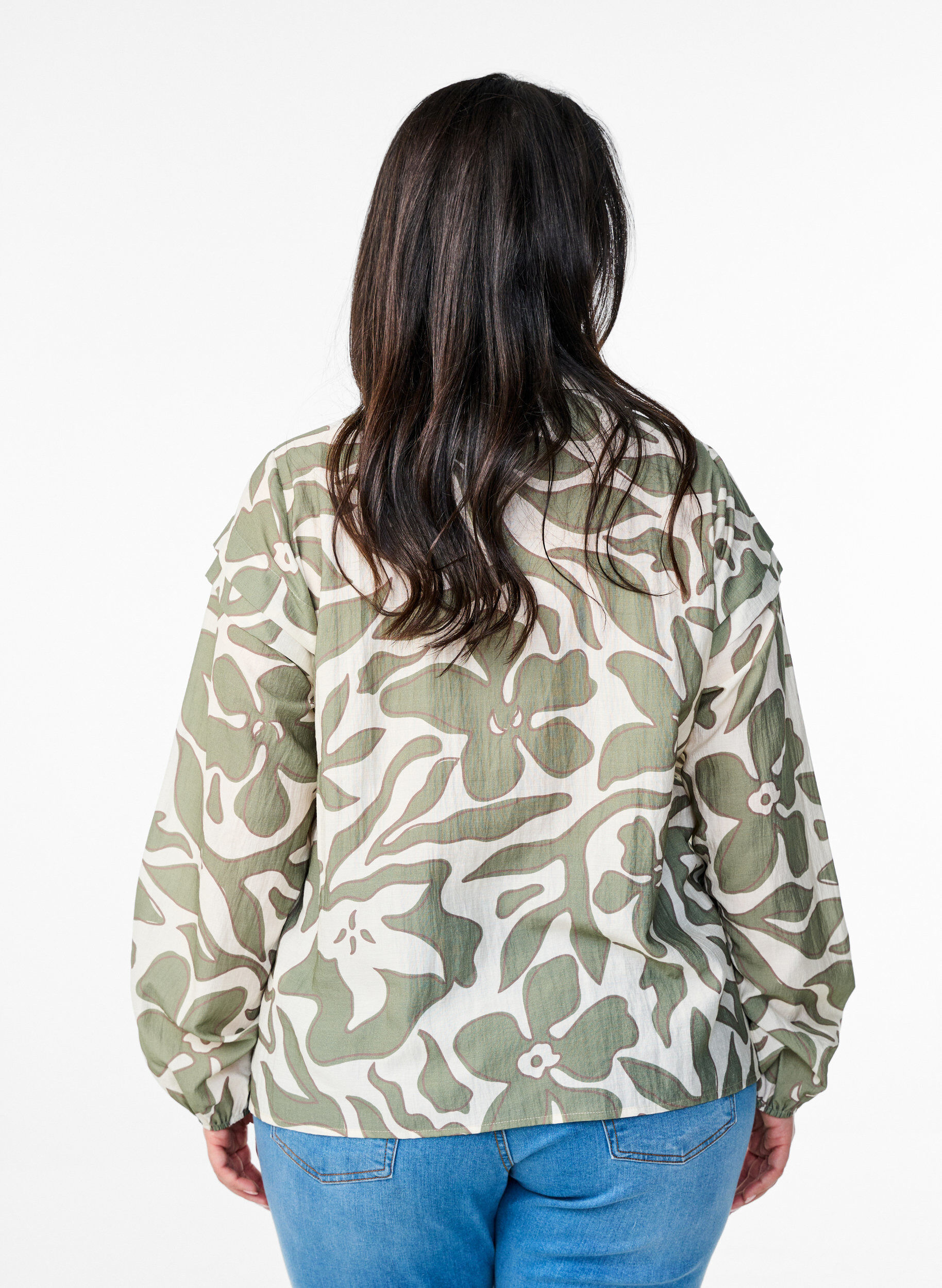 ZizziBedrukte shirt blouse met ruchesdetails, Groen, Model image number 2