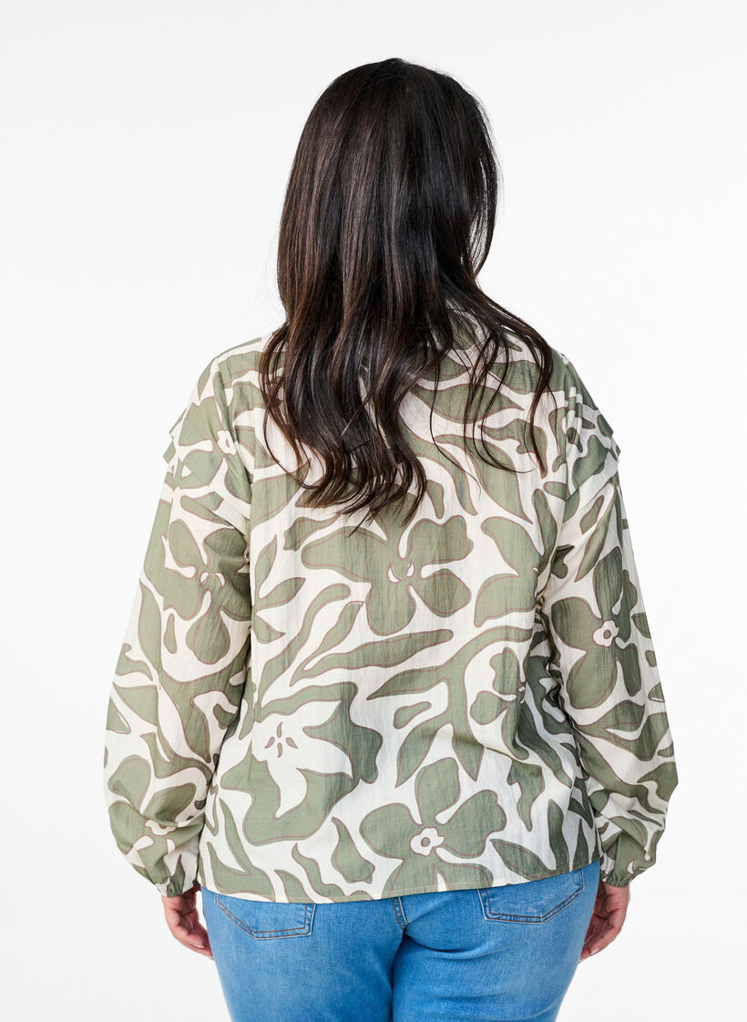 Bedrukte shirt blouse met ruchesdetails, Groen, Model image number 2