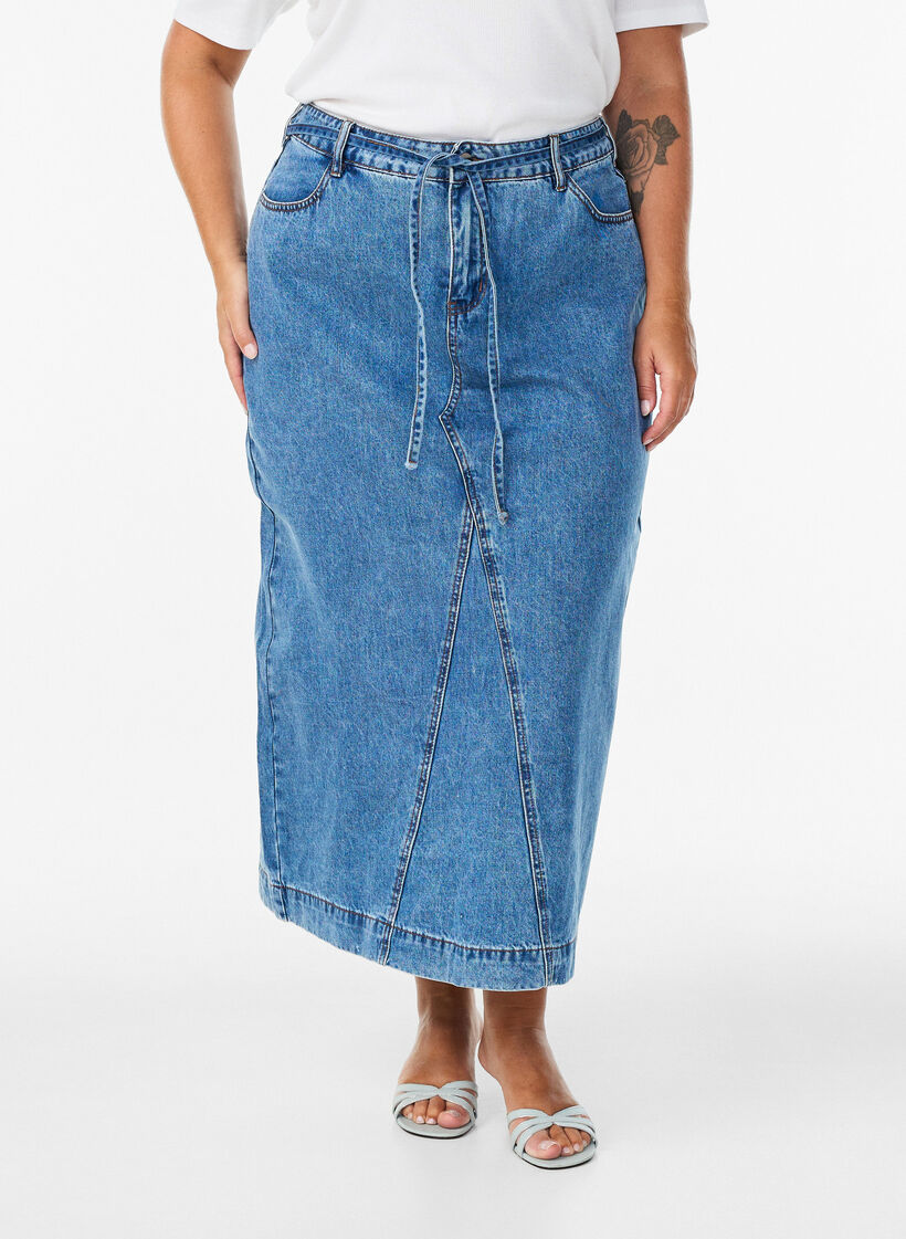 Jupe maxi en denim avec ceinture &agrave; nouer, Bleu, Model image number 2