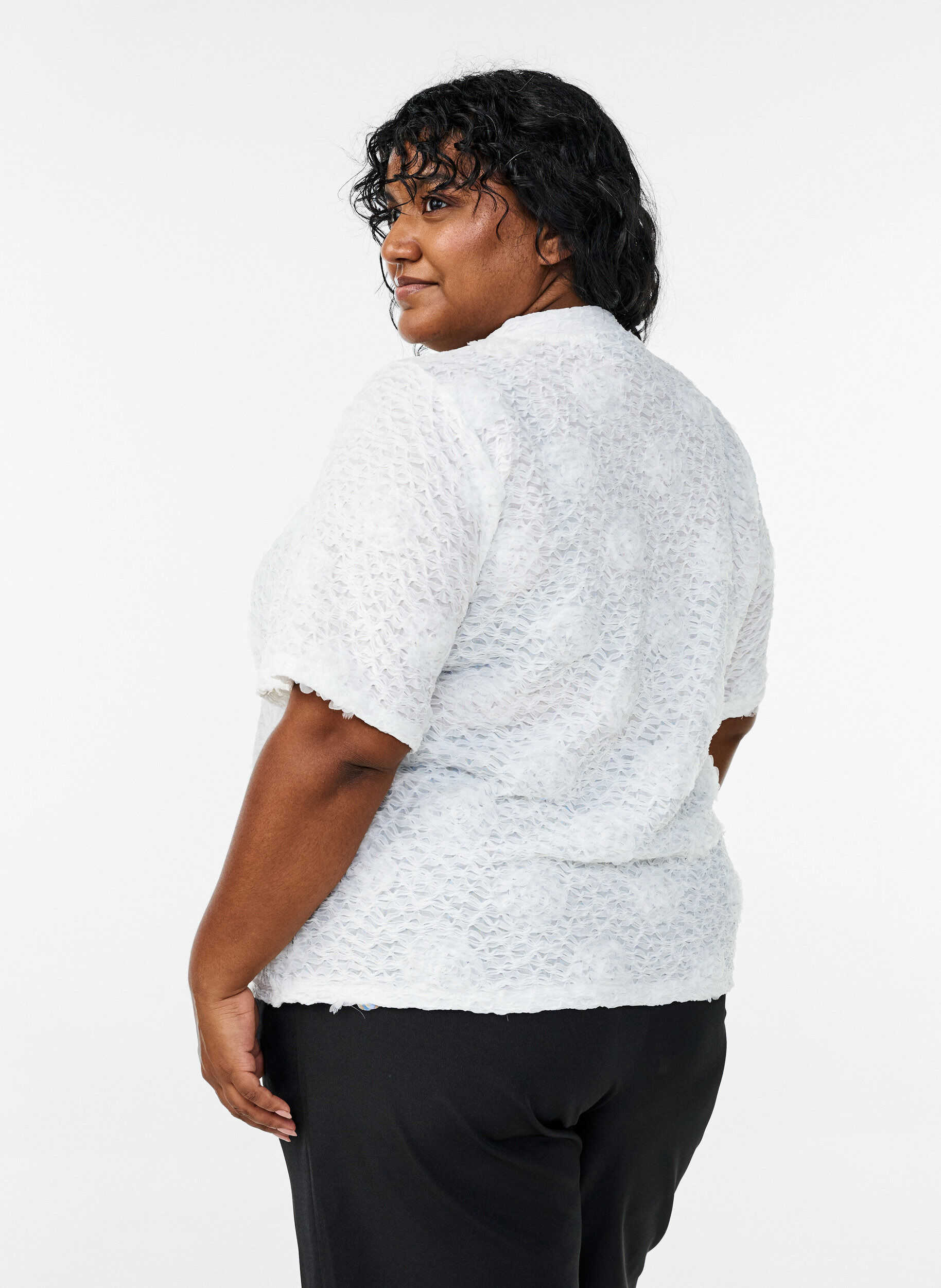 ZizziBlouse met 3D-bloemen en korte mouwen, Wit, Model image number 2