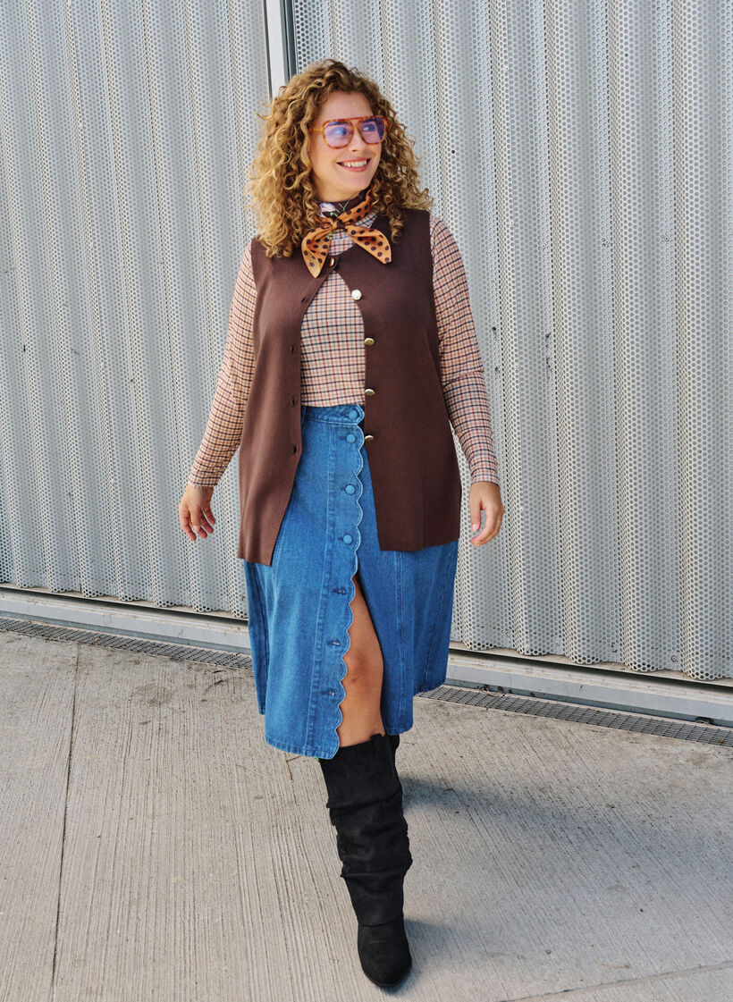 A-lijn denimrok met golvende knoopsluiting, Blauw, Image