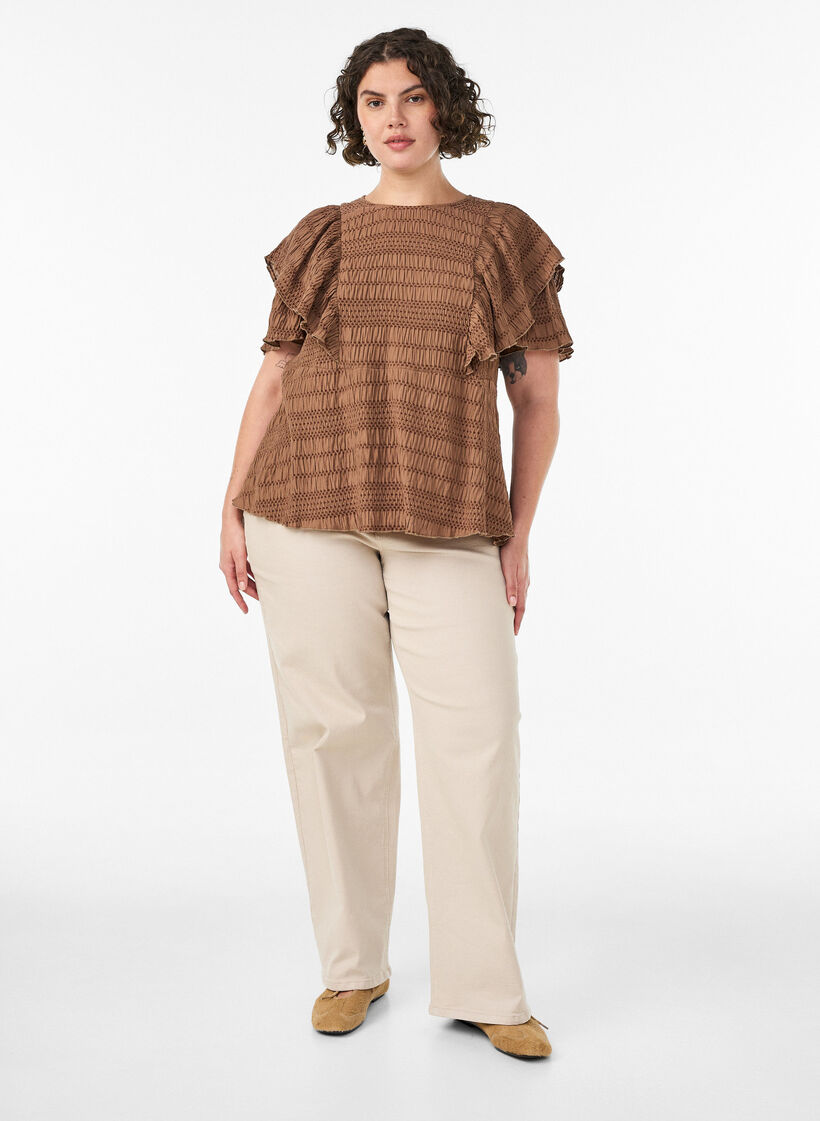 Blouse met smockstructuur en ruchesmouwen, Bruin, Model image number 1