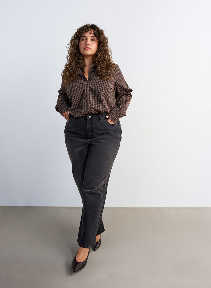 Geruit overhemd met strasssteentjes, Bruin, Model image number 1