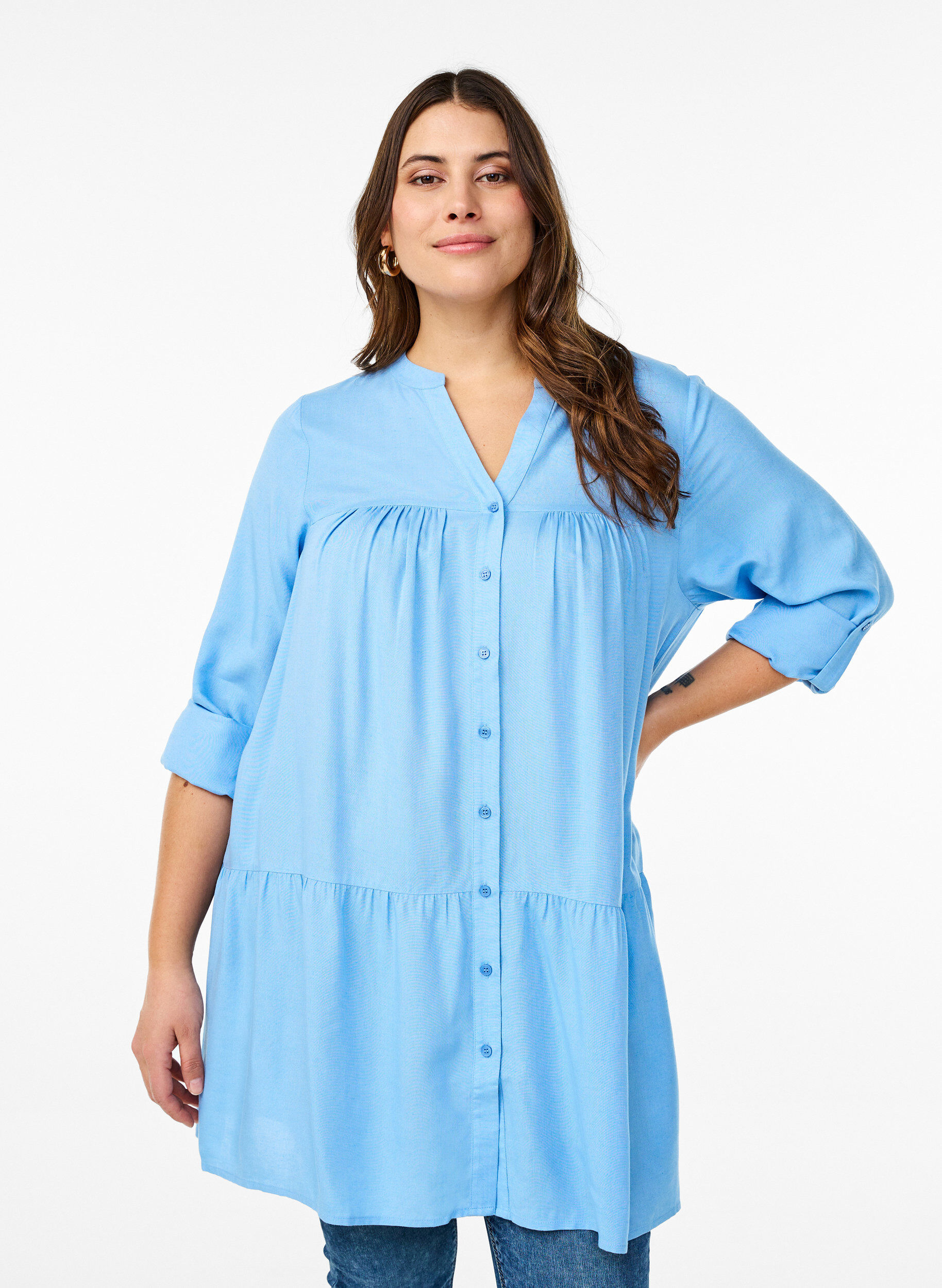 Tunic met V-hals en geplooide details, Blauw, Model