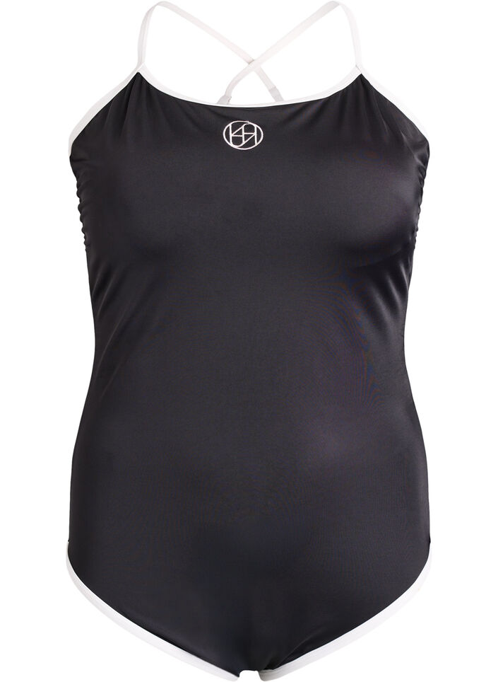 Maillot de bain de sport avec ganse contrastante et bretelles crois&eacute;es, Noir, Packshot image number 0