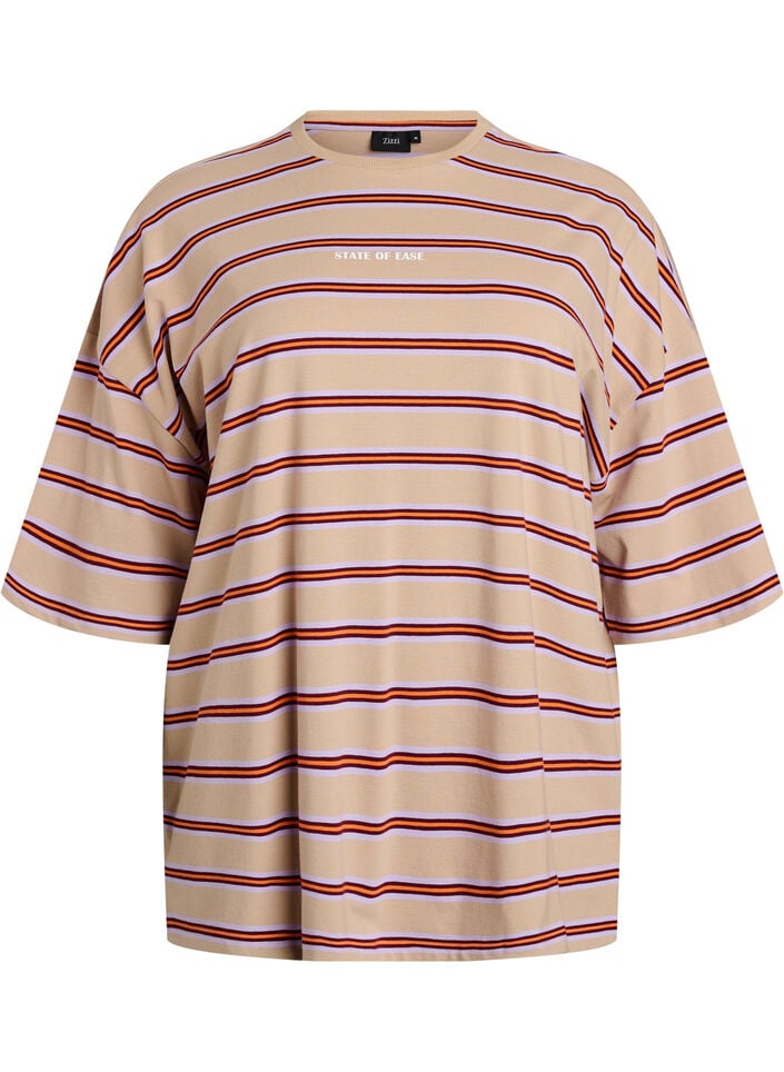 Oversized T-shirt met strepen en 1/2 mouwen, Beige, Packshot image number 0