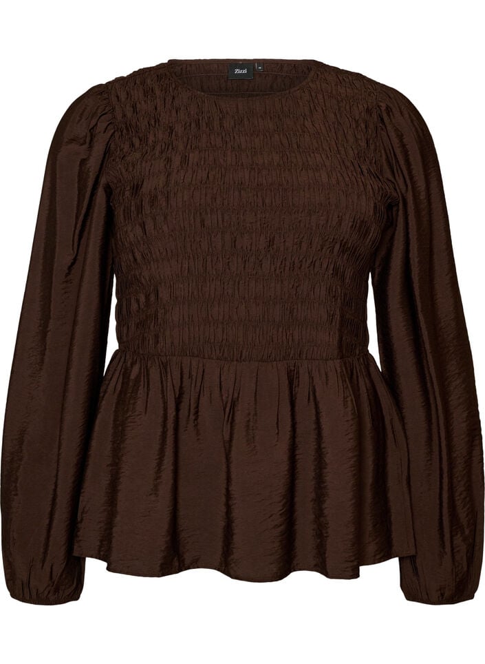 Blouse met smock en lange mouwen, Bruin, Packshot image number 0