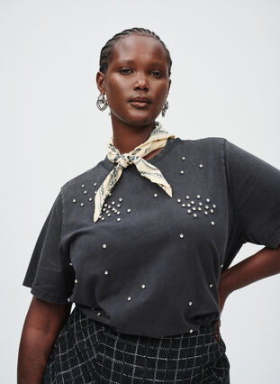 ZizziDit T-shirt met een gewassen look en rhinestones, Grey Washed, Image image number 0
