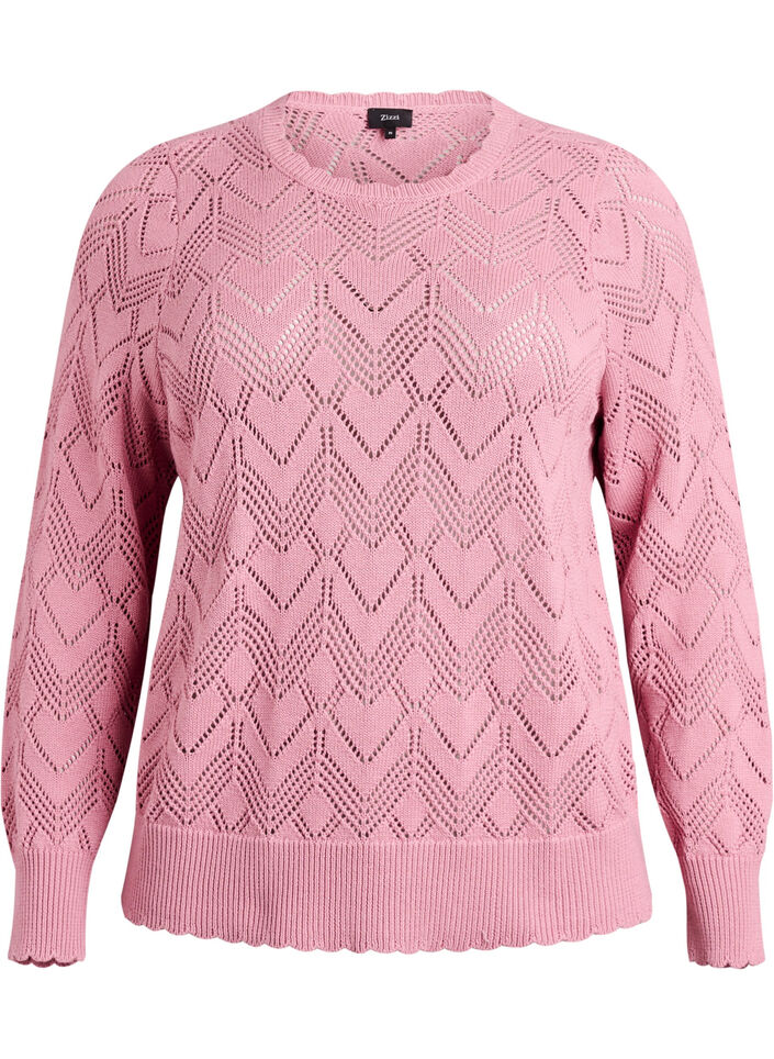 Gebreide blouse met patroon, golvende rand en ronde hals, Roze, Packshot image number 0