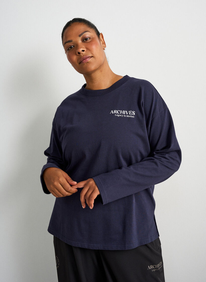 Jerseyblouse met lange mouwen en tekstprint, Blauw, Model image number 0