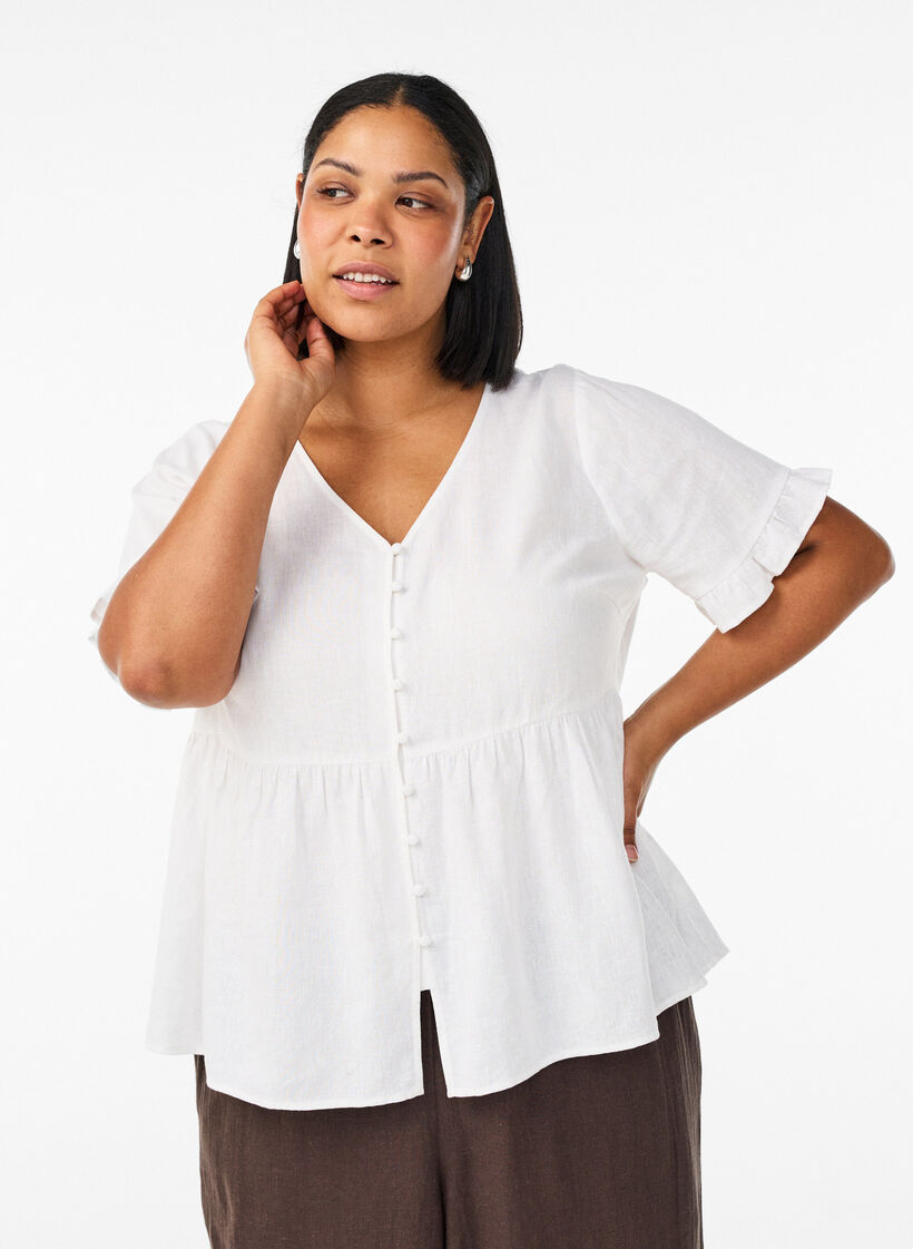 Blouse in linnen en viscose met een V-hals en knoopsluiting, Wit, Model image number 0