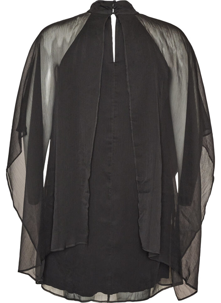 Chiffon jurk tot op de knie met doorschijnende cape, Zwart, Packshot image number 1