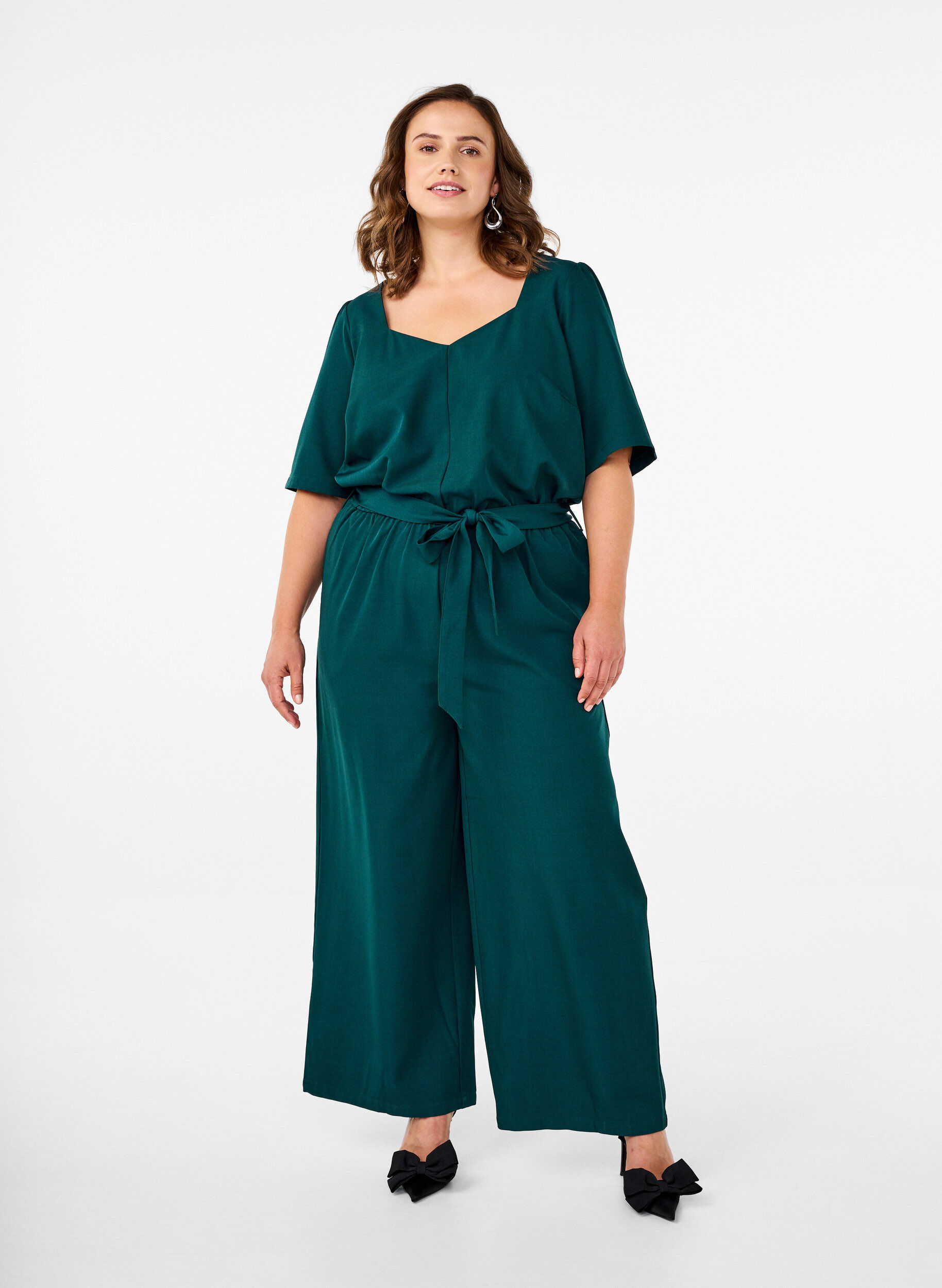 ZizziJumpsuit met riem en korte mouwen, Sea Moss Melange, Model image number 0