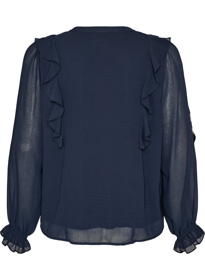 Transparante blouse met ruches en striksluiting, Blauw, Packshot image number 1