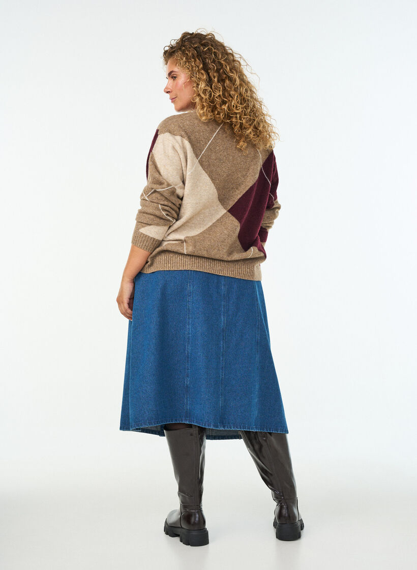 A-lijn denimrok met golvende knoopsluiting, Blauw, Model