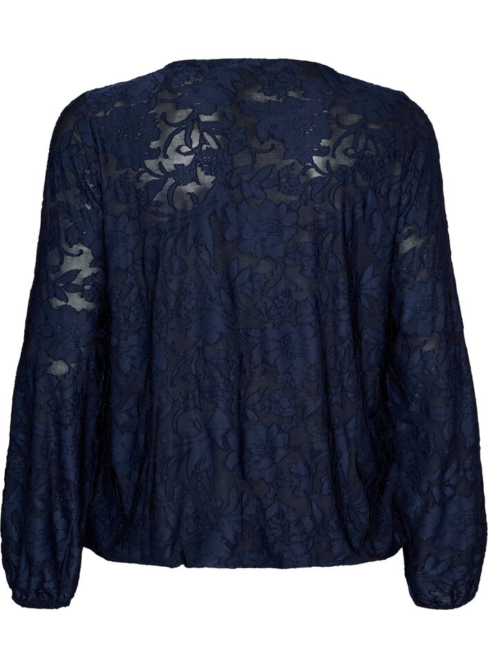 Doorschijnende blouse met bloemenstructuur en lange mouwen, Blauw, Packshot image number 1