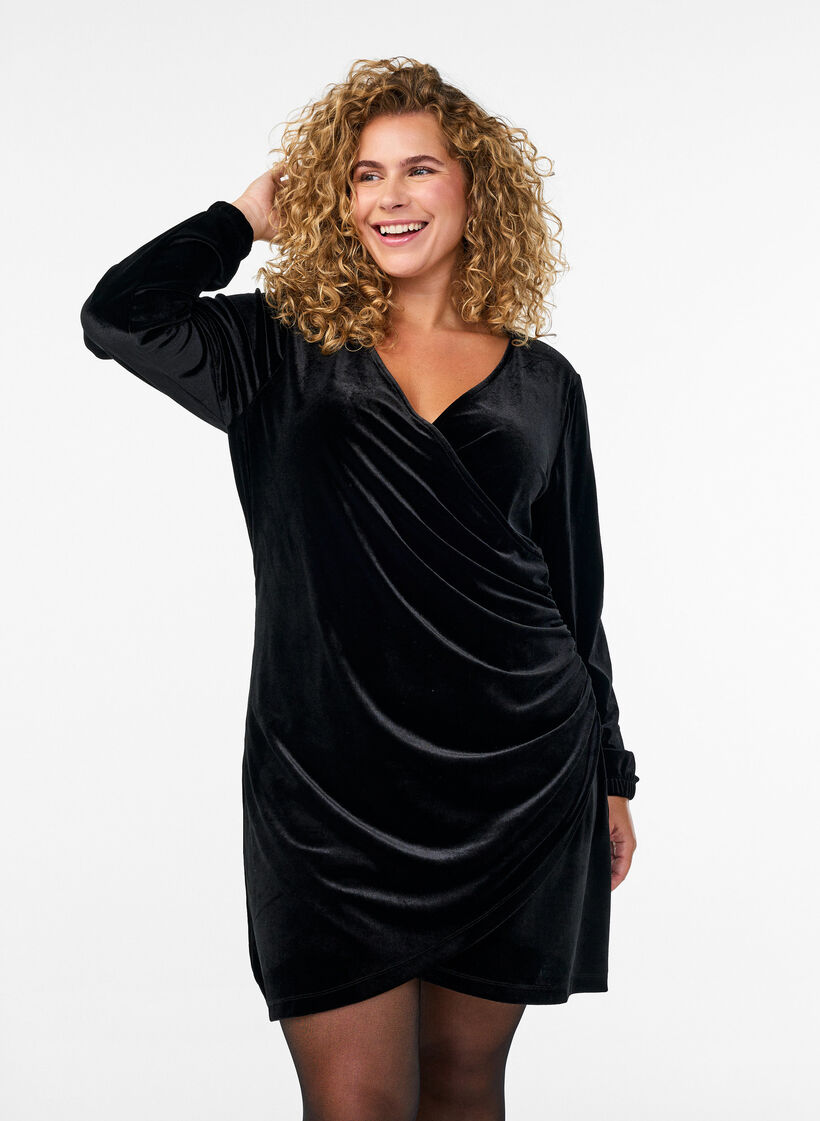 Korte velours jurk met wikkel-effect, Zwart, Model