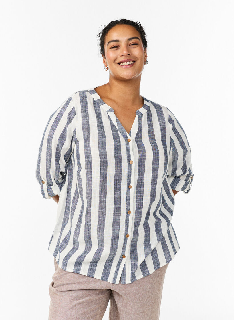 Katoenen blouse met V-hals, Blauw, Model image number 0