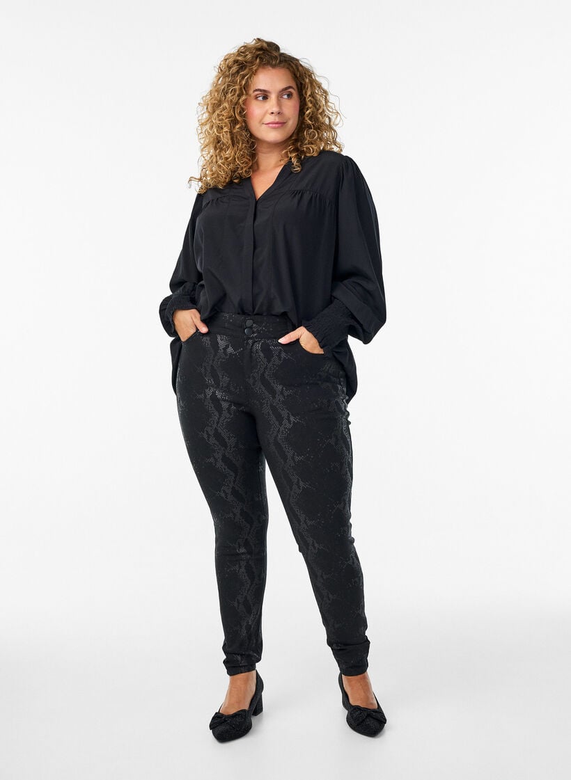 Blouse met ruches kraag en plooien, Zwart, Model image number 1