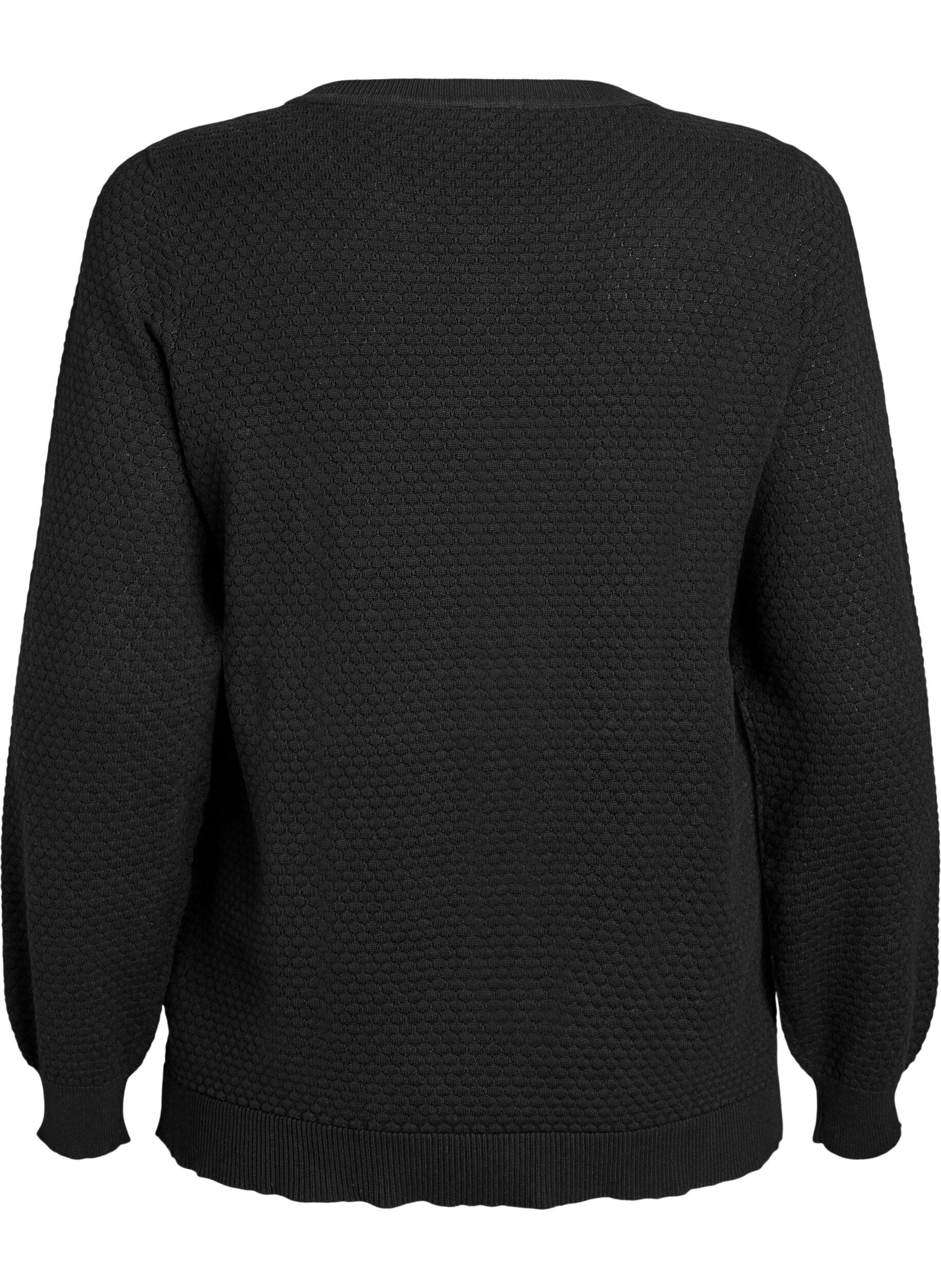 ZizziGebreide blouse van katoen met structuurpatroon, Zwart, Packshot image number 1