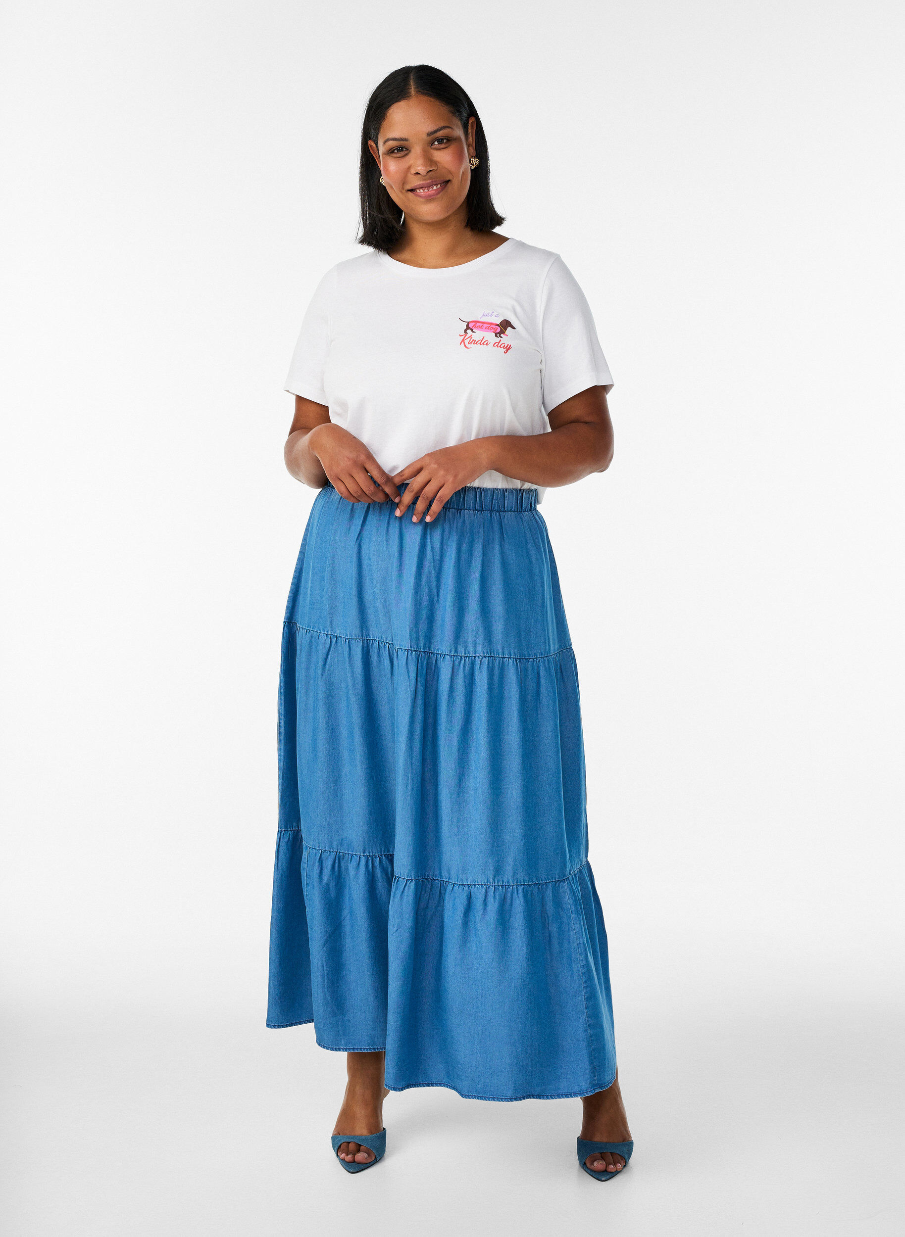 ZizziDenim maxi rok met ruches, Blauw, Model image number 0