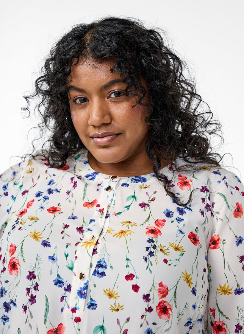 Gebloemde midi-jurk met 3/4-mouwen, Multi Flower AOP, Model