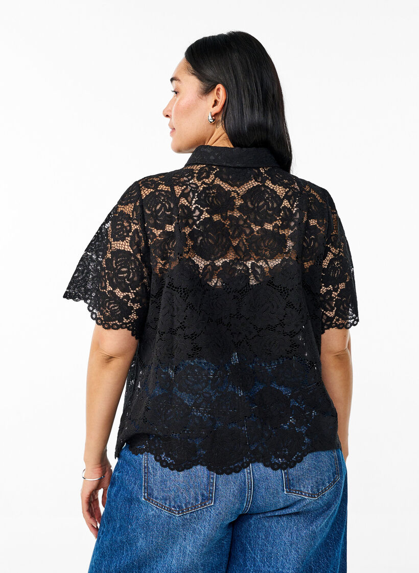 Kanten shirt blouse met parelknopen, Zwart, Model image number 2