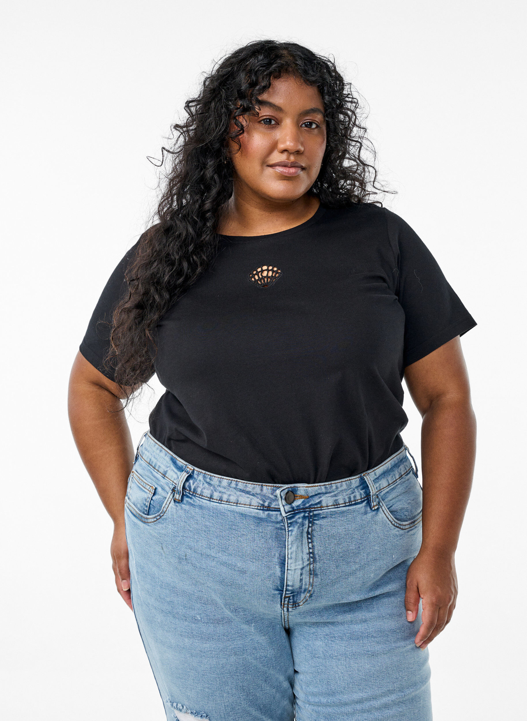 T-shirt met decoratieve details, Zwart, Model