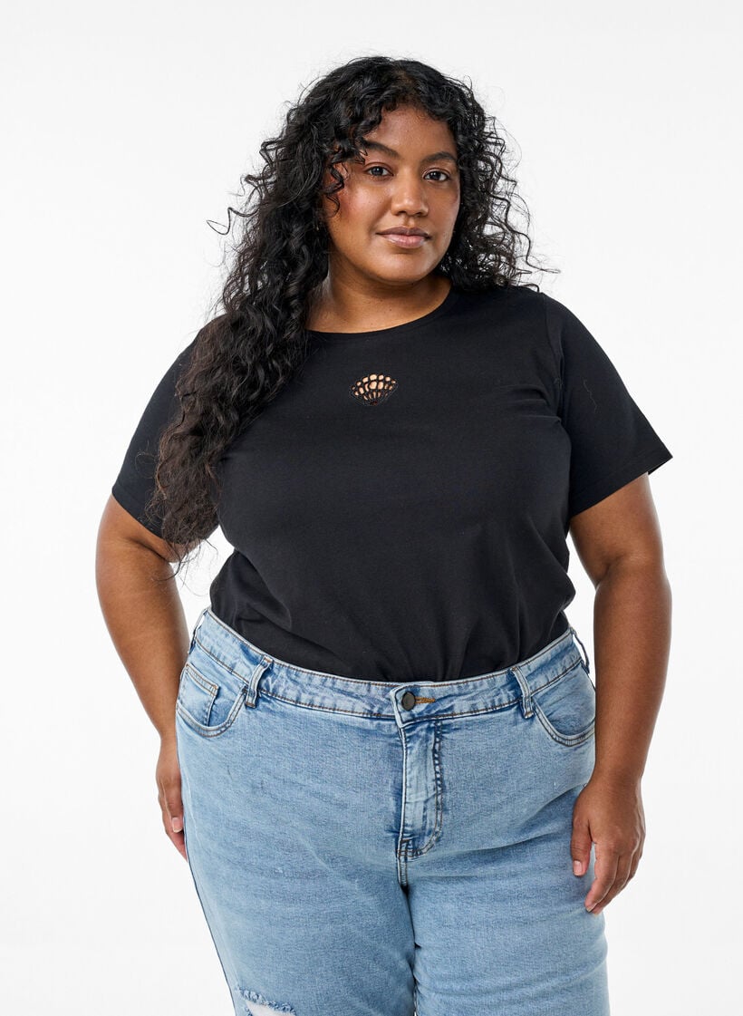 T-shirt met decoratieve details, Zwart, Model image number 0