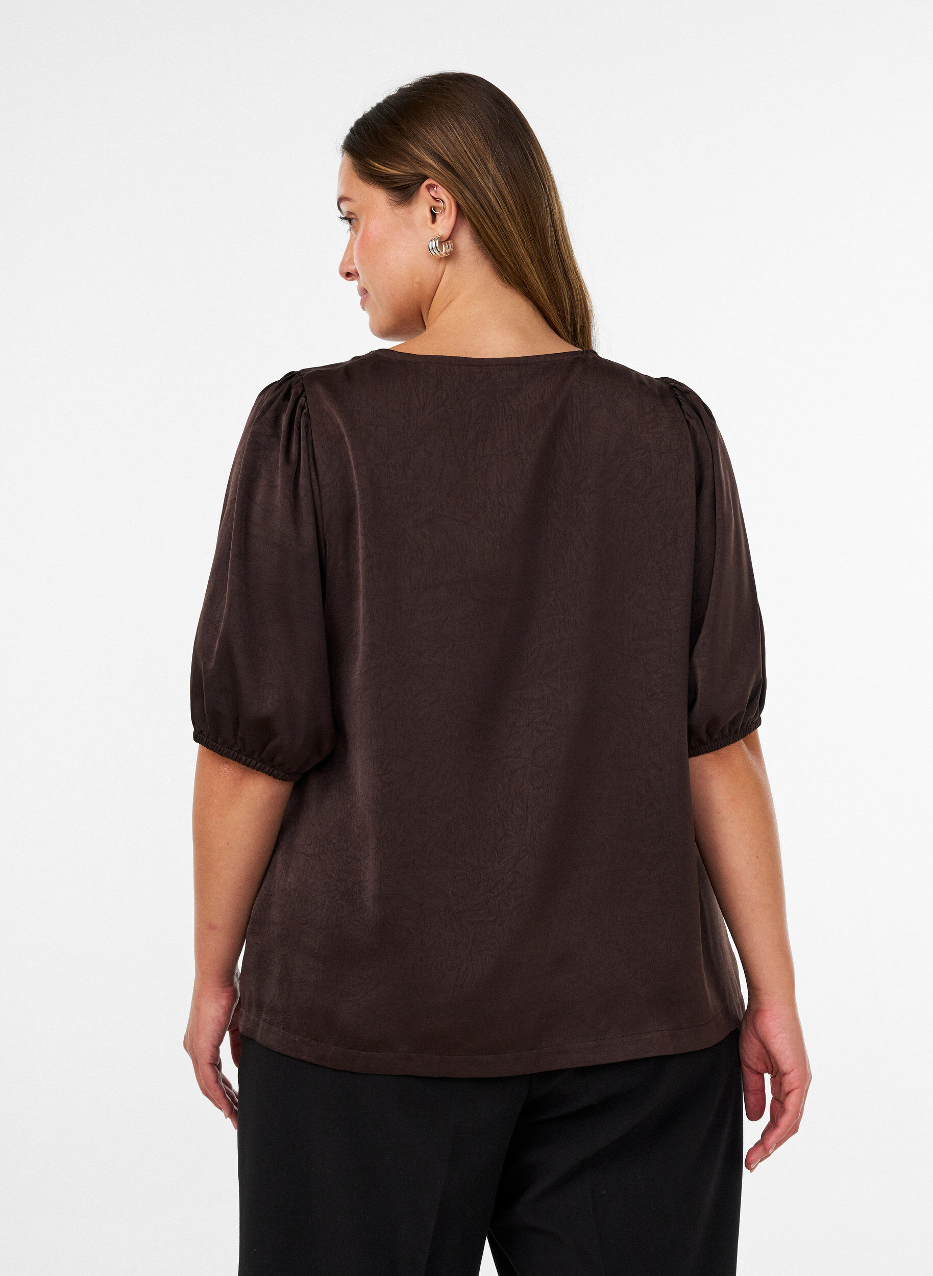 ZizziSatijnen blouse met strikjes en ellebooglange mouwen, Bruin, Model image number 2