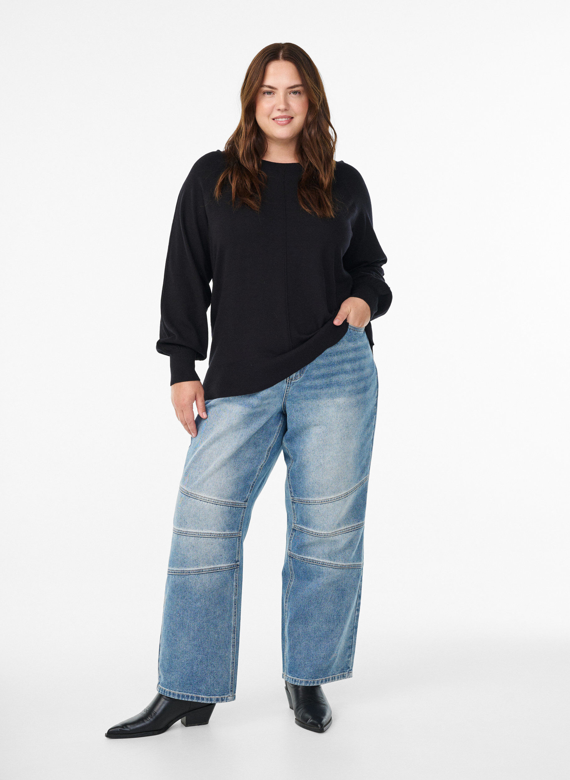 ZizziBreisel blouse met middennaad en raglan mouwen, Zwart, Model image number 1