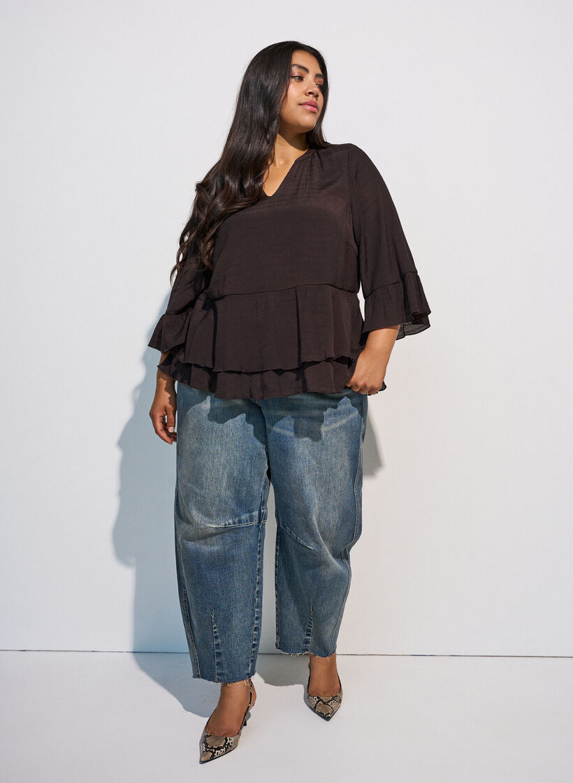 Blouse met 3/4-mouwen en ruchesdetails, Bruin, Model image number 1