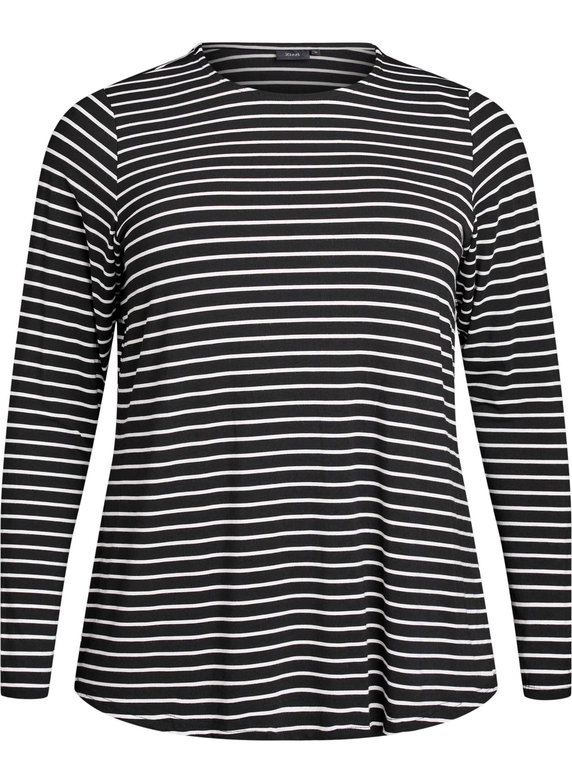 ZizziGestreepte blouse met lange mouwen, Zwart, Packshot image number 0