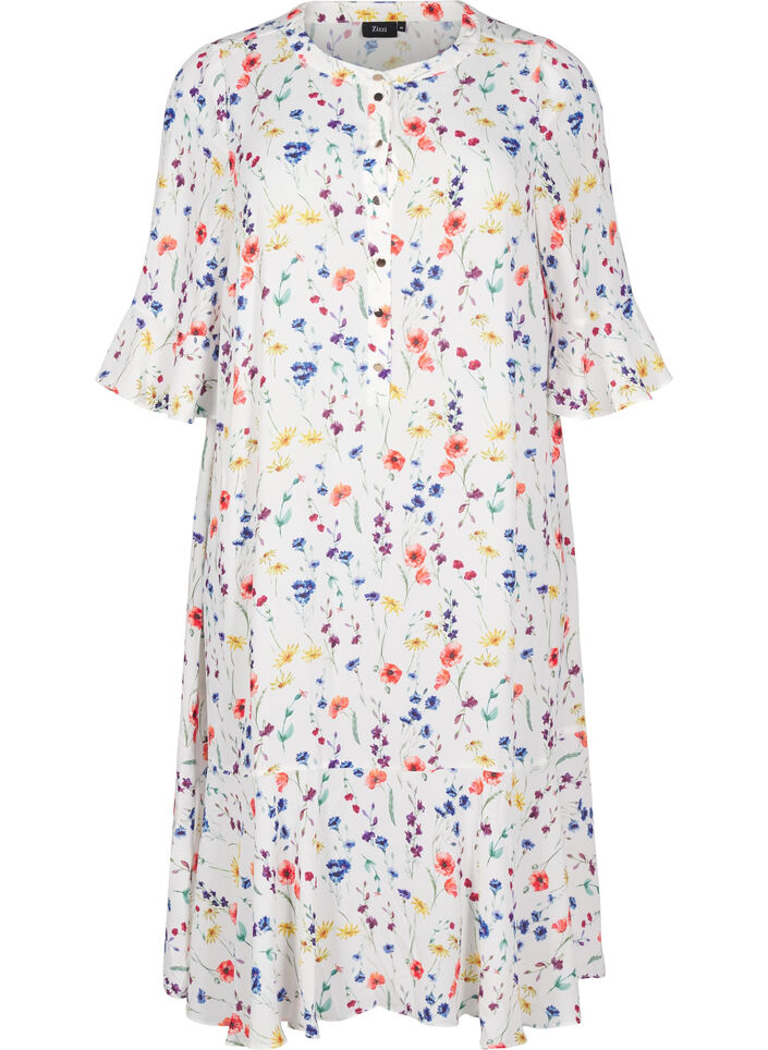 Gebloemde midi-jurk met 3/4-mouwen, Multi Flower AOP, Packshot