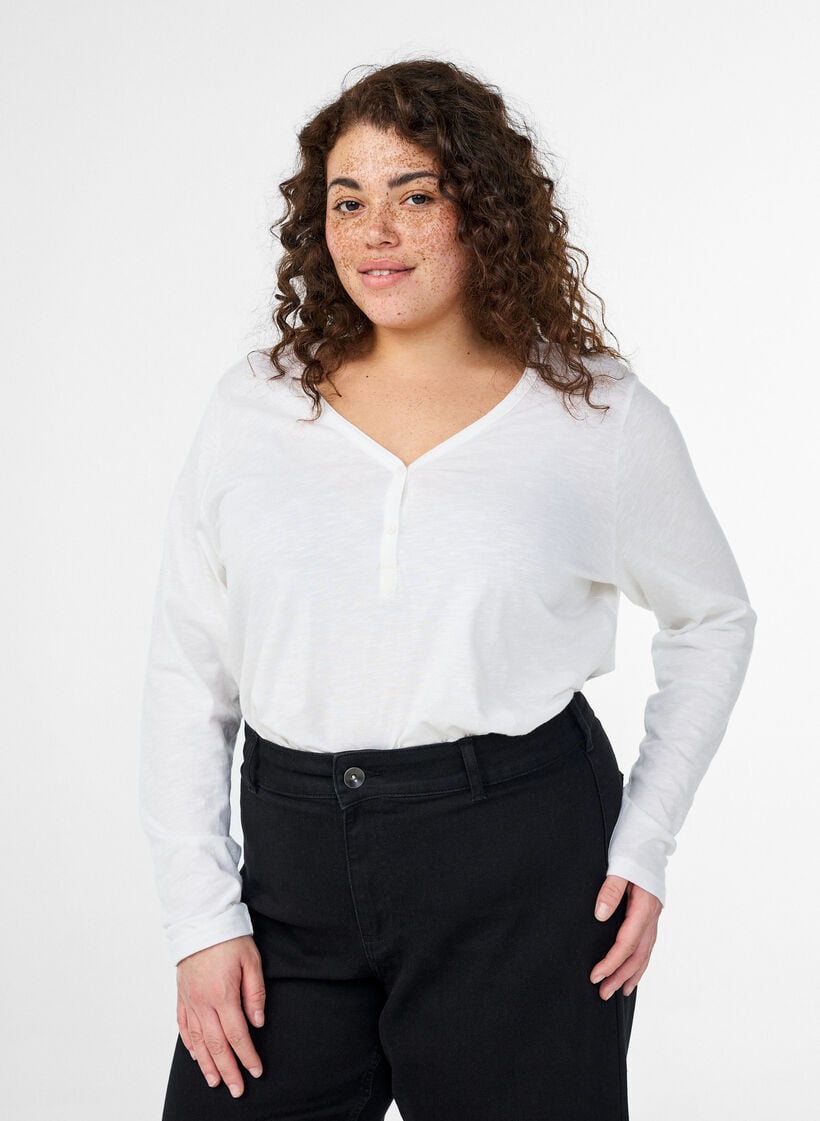 T-shirt met lange mouwen, V-hals en knopen, Wit, Model image number 0