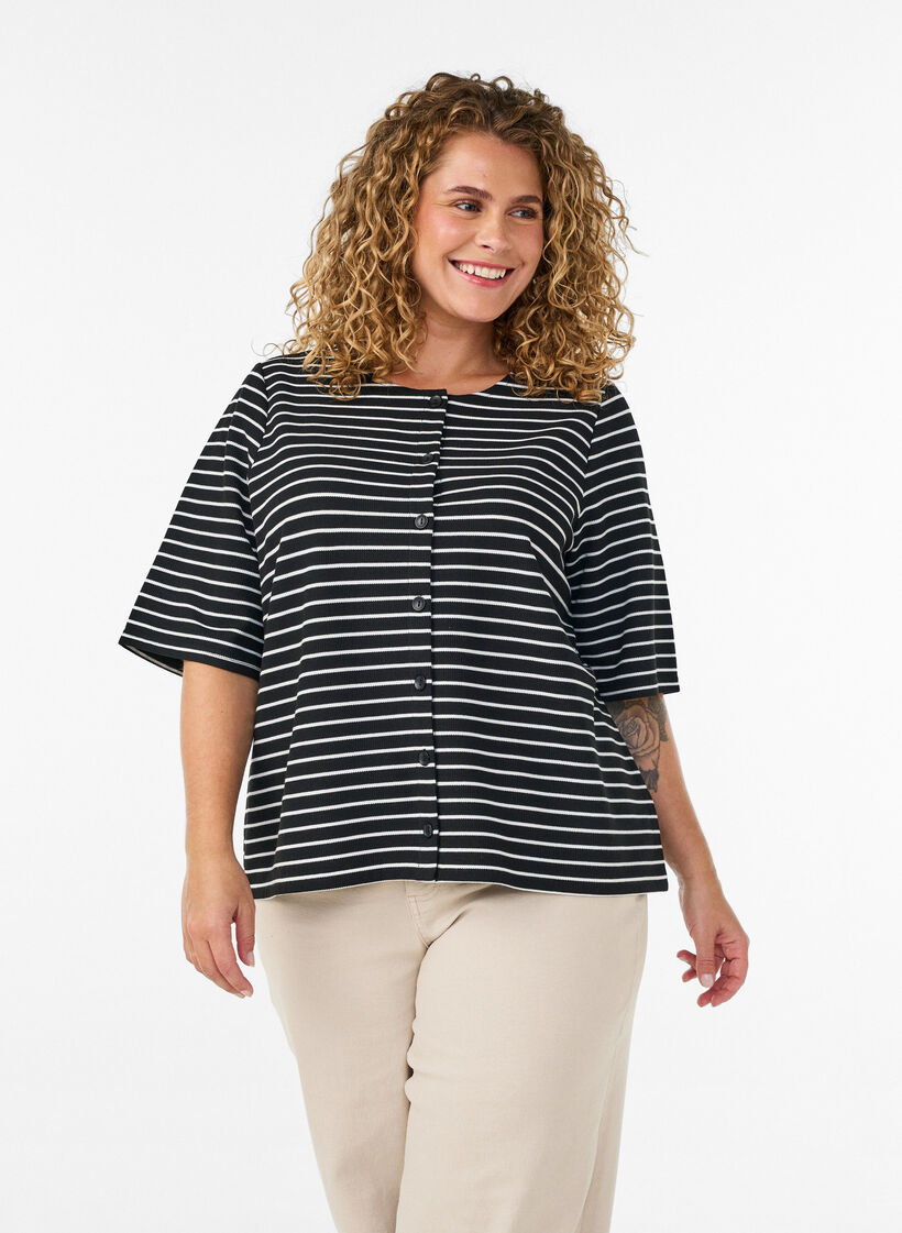 Blouse met een geribde textuur en knoopsluiting, Zwart, Model image number 0