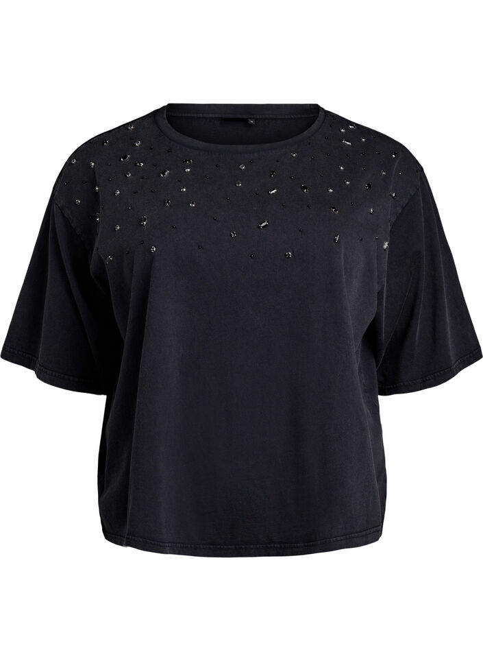 Boxy T-shirt met parels en strass-steentjes, Grijs, Packshot image number 0